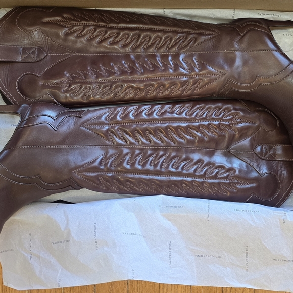 Anthropologie Brown Leather Knee-High Western Stiletto Boots. Brand New. - Picture 6 of 9